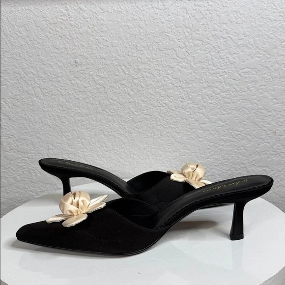 FOR LOVE & LEMONS 🍋 CLAUDINE BLACK SATIN FLORAL ROSETTE KITTEN HEELS - Picture 8 of 15